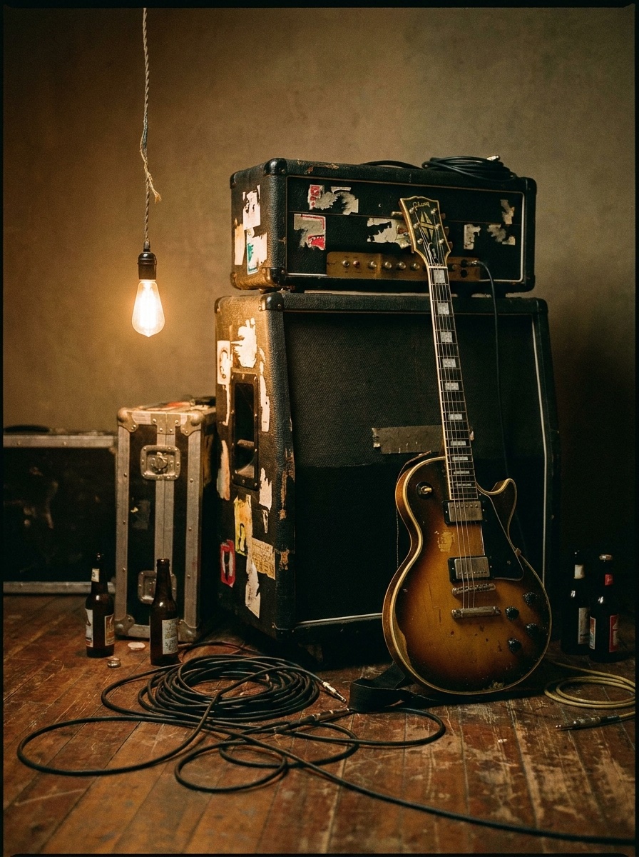 The house rig backstage: stickered tube head on a 4x12 cab, sunburst guitar leaning on it, one bare bulb