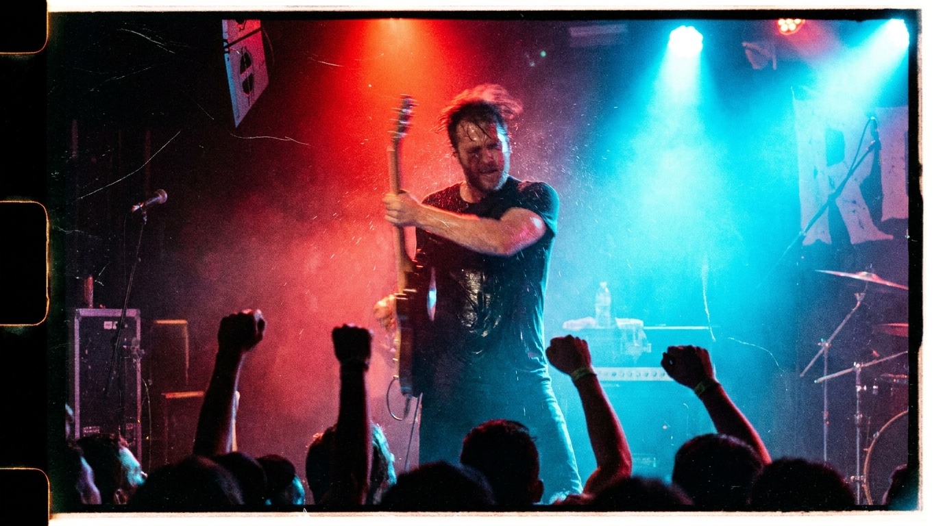 A guitarist mid-swing on the Blacktop stage, red and blue wash, fists up in the front row